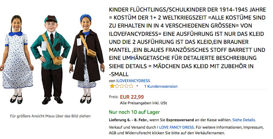 So stellt sich die Firma I Love Fancy Dress Flüchtlingskinder vor. (Bild: Screenshot/Amazon/I Love Fancy Dress)