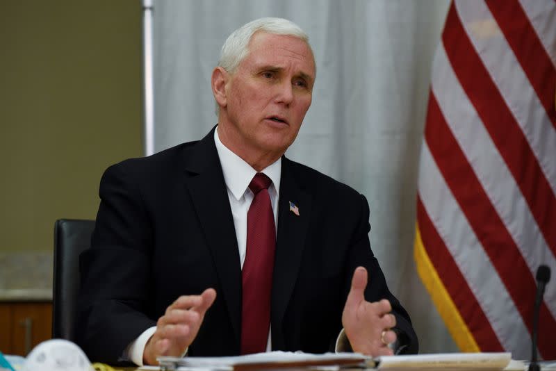 U.S. Vice President Mike Pence, who heads the government's coronavirus task force, addresses the news at 3M's company headquarters in Maplewood