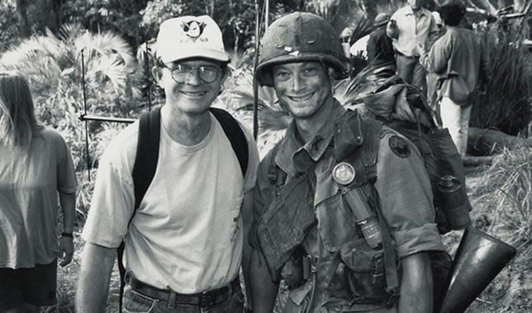 Actor Gary Sinise, right, and his brother-in-law Jack Treese, a Vietnam War combat veteran, on the set of 'Forrest Gump' in 1993