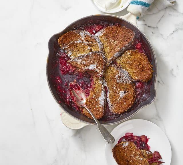 <p>No-flip, no-fuss. This fruit-filled breakfast bakes in the oven, all in one skillet.</p><p><em><a href="https://www.goodhousekeeping.com/food-recipes/a28508117/no-flip-french-toast-recipe/" rel="nofollow noopener" target="_blank" data-ylk="slk:Get the recipe for No-Flip French Toast »;elm:context_link;itc:0;sec:content-canvas" class="link ">Get the recipe for No-Flip French Toast »</a></em></p>