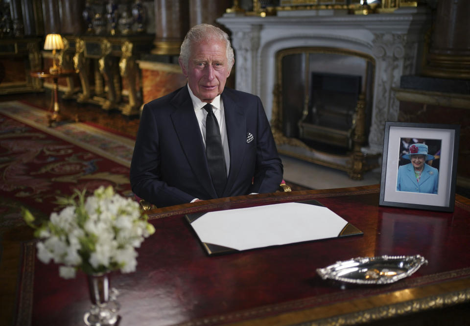 Britain's King Charles III delivers his address to the nation and the Commonwealth from Buckingham Palace, London, Friday, Sept. 9, 2022, following the death of Queen Elizabeth II on Thursday. (Yui Mok/Pool Photo via AP)