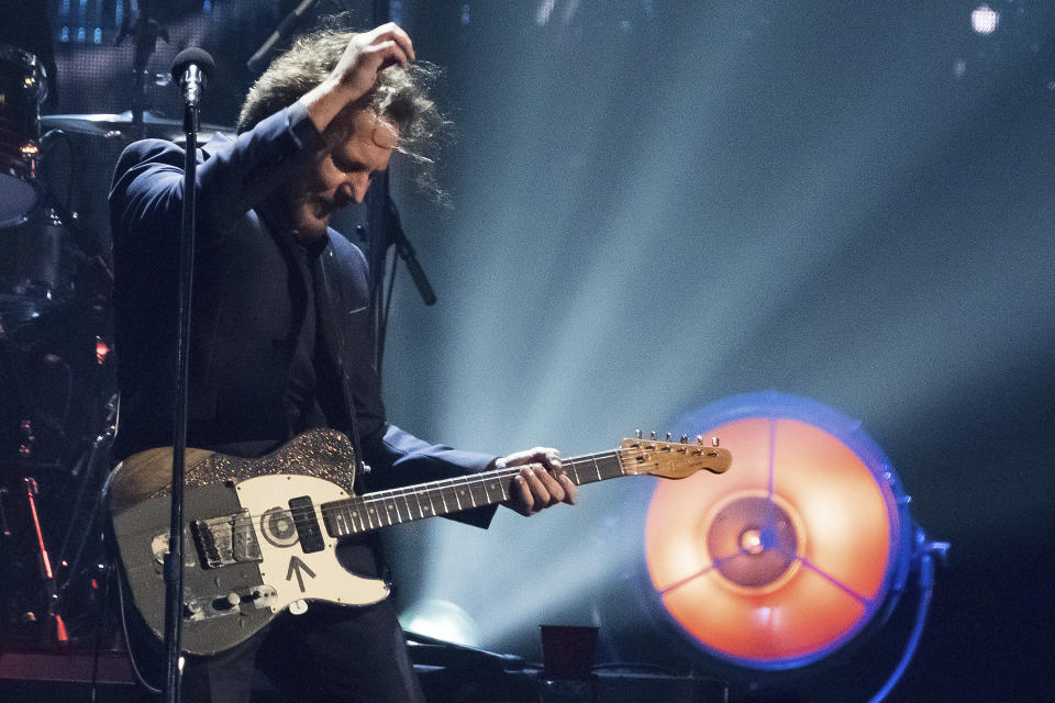 Inductee Eddie Vedder from the band Pearl Jam performs at the 2017 Rock and Roll Hall of Fame induction ceremony at the Barclays Center on Friday, April 7, 2017, in New York. (Photo by Charles Sykes/Invision/AP)