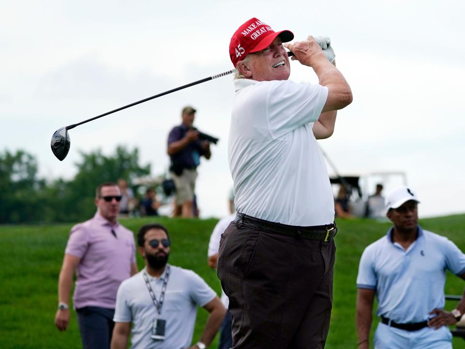 Former President Donald Trump plays in the pro-am round of the Bedminster Invitational LIV Golf tournament in Bedminster, New Jersey, on July 28, 2022.