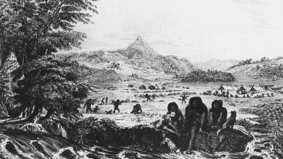 <div class="inline-image__caption"><p>Fuegians at Woollya with the Fitzroy expedition's camp in the background in 1831.</p></div> <div class="inline-image__credit">Oxford Science Archive/Print Collector/Getty Images</div>