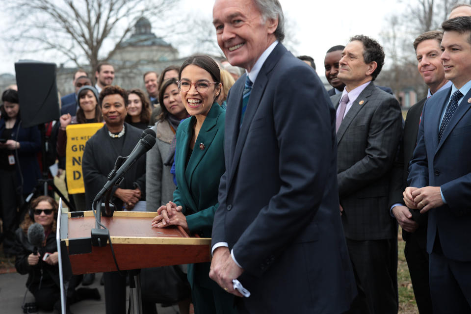 Rep. Alexandria Ocasio-Cortez (D-N.Y.) and Sen. Ed Markey (D-Mass.) at a press conference announcing their Green New Deal resolution last month.&nbsp; (Photo: Alex Wong via Getty Images)