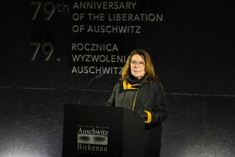 Polish Marshal of the Senate Malgorzata Maria Kidawa-Blonska speaks during a ceremony at the Birkenau Nazi death camp in Oswiecim, Poland, Saturday, Jan. 27, 2024. Survivors of Nazi death camps marked the 79th anniversary of the liberation of the Auschwitz-Birkenau camp during World War II in a modest ceremony in southern Poland.(AP Photo/Czarek Sokolowski)