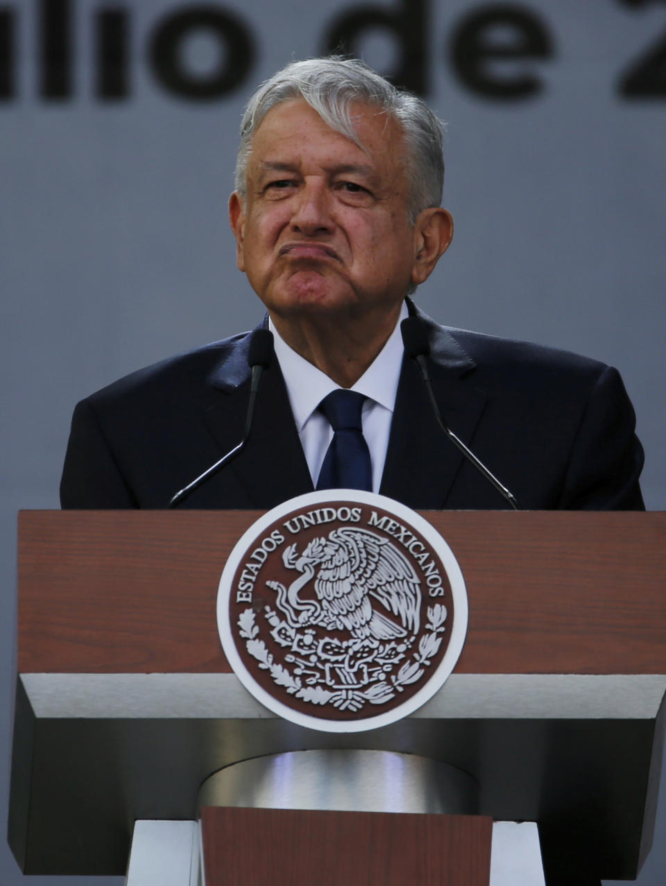 Mexico's President Andres Manuel Lopez Obrador delivers his speech during a rally to celebrate the one-year anniversary of his election, in Mexico City's main square, the Zocalo, Monday, July 1, 2019.(AP Photo/Fernando Llano)
