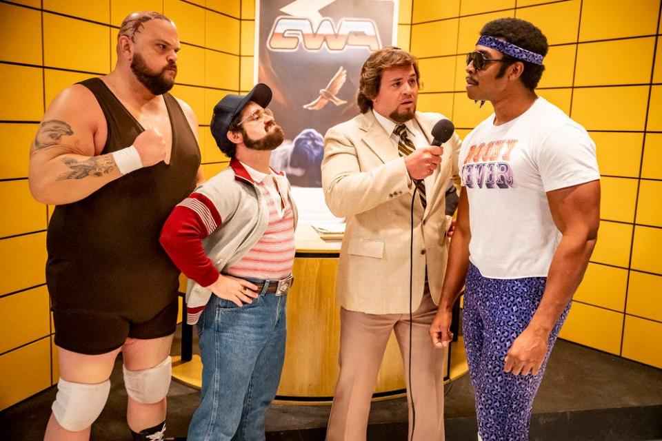 From left, Patrick Cox as Crusher Yurkov, Ryan Pinkston as Downtown Bruno, Michael Strassner as Jerry Lawler and Joseph Lee Anderson as Rocky Johnson on a Memphis-set episode of NBC's "Young Rock.