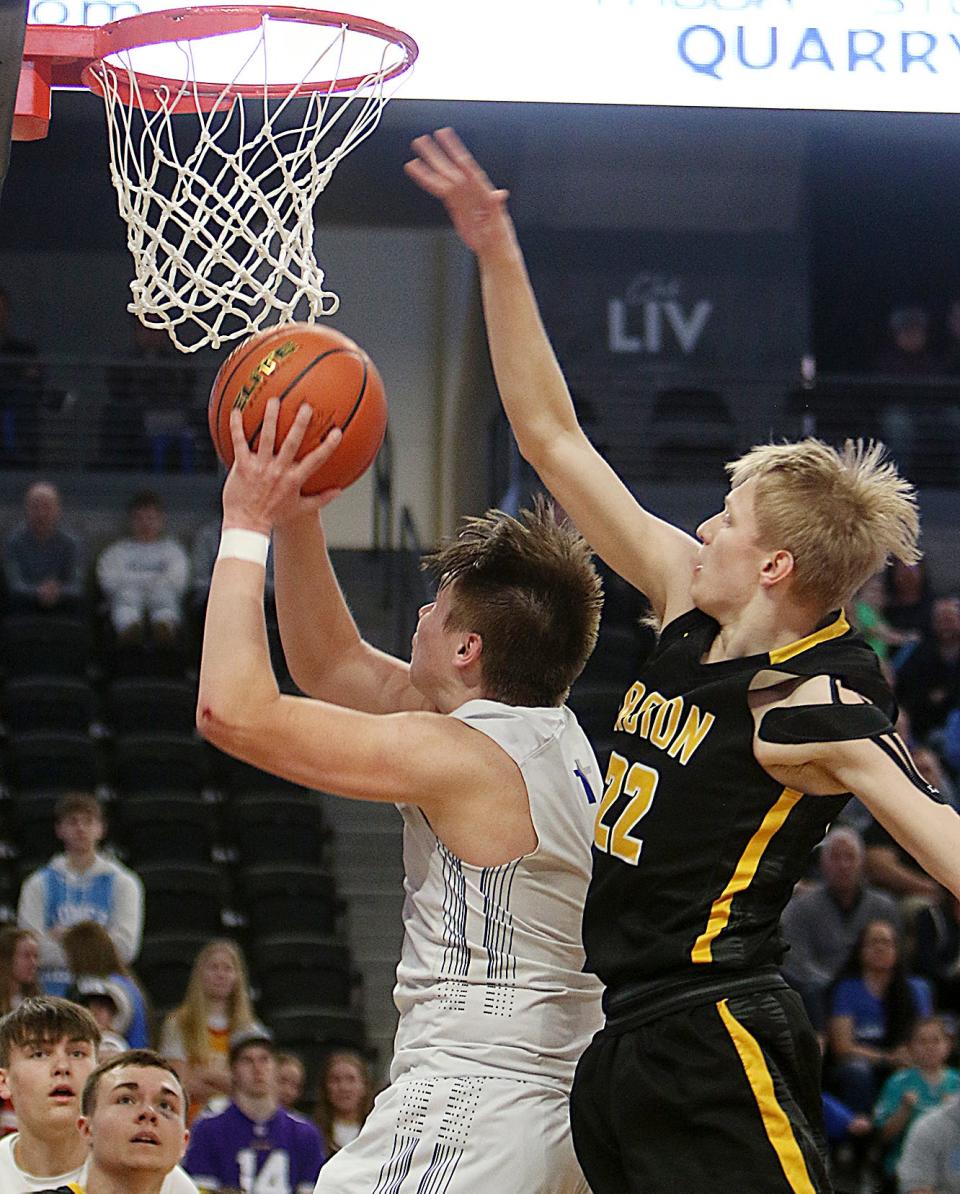 Groton Area's Jacob Zak goes up for a block during the 2022 state Class A high school boys basketball tournament at Rapid City.