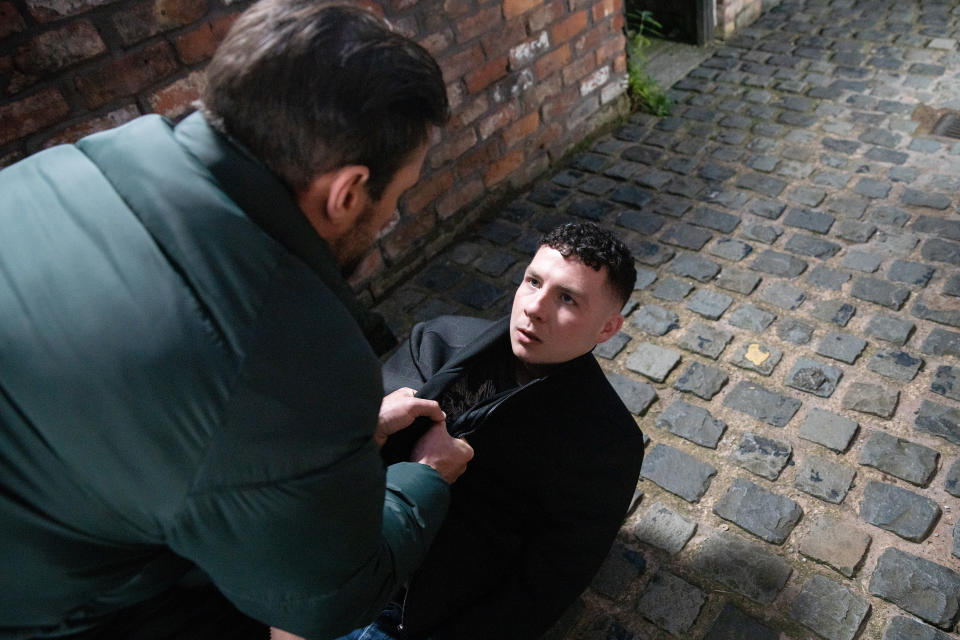 FROM ITV

STRICT EMBARGO - No Use Before Tuesday 3rd January 2023

Coronation Street - Ep 1085051

Friday 13th January 2023

In the ginnel, Damon [CIARAN GRIFFITHS] gives Jacob [JACK JAMES RYAN] a beating and tells him that if he wants to protect Amy, he needs to disappear for good. 

Picture contact - David.crook@itv.com

Photographer - Danielle Baguley

This photograph is (C) ITV Plc and can only be reproduced for editorial purposes directly in connection with the programme or event mentioned above, or ITV plc. Once made available by ITV plc Picture Desk, this photograph can be reproduced once only up until the transmission [TX] date and no reproduction fee will be charged. Any subsequent usage may incur a fee. This photograph must not be manipulated [excluding basic cropping] in a manner which alters the visual appearance of the person photographed deemed detrimental or inappropriate by ITV plc Picture Desk. This photograph must not be syndicated to any other company, publication or website, or permanently archived, without the express written permission of ITV Picture Desk. Full Terms and conditions are available on  www.itv.com/presscentre/itvpictures/terms
