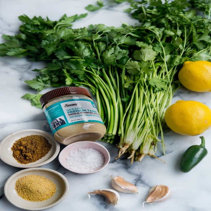 Ingredients for herbed tahini.