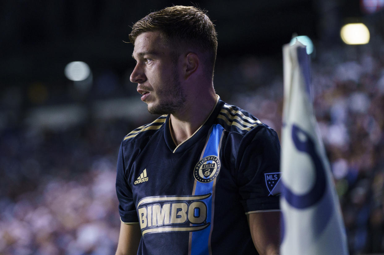 Philadelphia Union's Kai Wagner looks on during the MLS playoff soccer match against FC Cincinnati, Thursday, Oct. 20, 2022, in Chester, Pa. The Union won 1-0. (AP Photo/Chris Szagola)