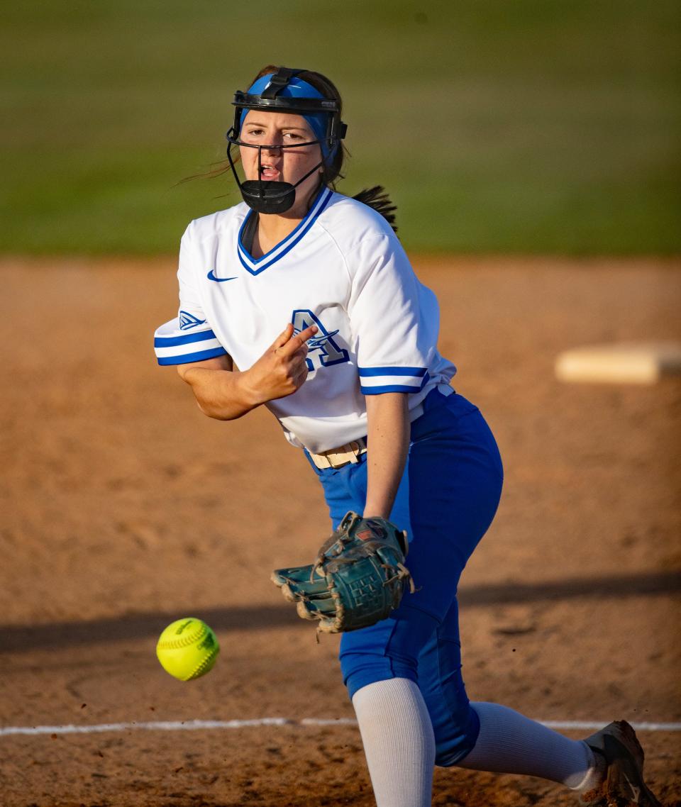 Marlin pitcher Sage Mickey winds up to deliver a pitch against the Dolphins. Arnold hosted Mosley in softball Monday, March 22, 2021.