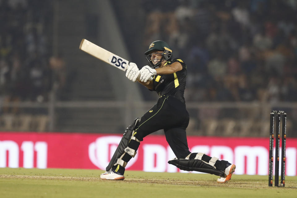 Seen here, Australia's Ashleigh Gardner plays a shot during the fifth T20 international against India in Mumbai.