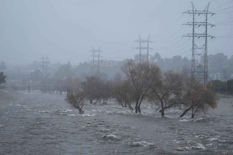 The Los Angeles River carries increased stormwater flow due to the atmospheric rivers affecting Northern California, which are expected to bring heavy rain and potential flooding to the Los Angeles area, Sunday, Feb. 4, 2024. (AP Photo/Damian Dovarganes)