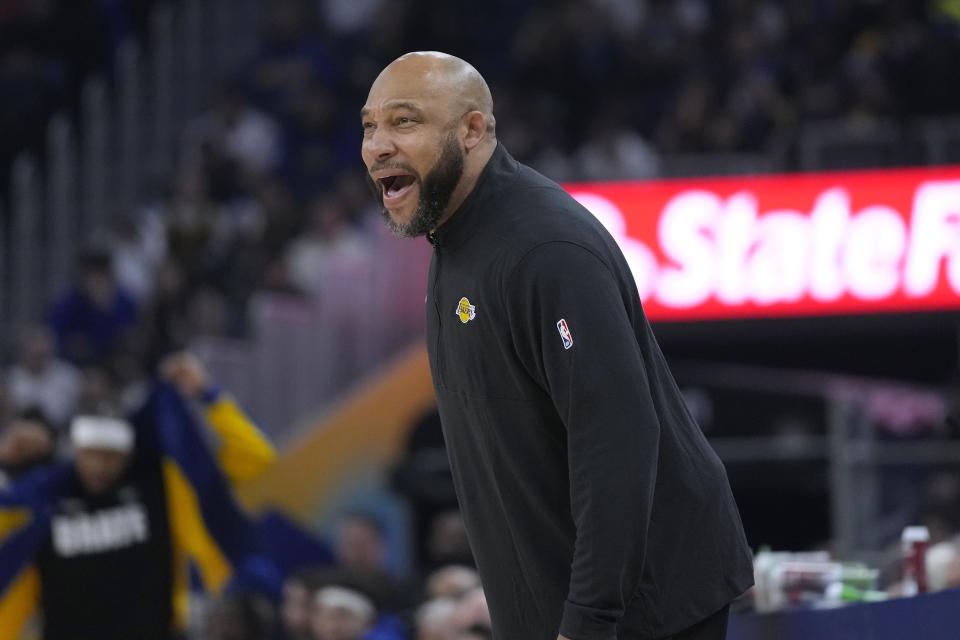 Los Angeles Lakers head coach Darvin Ham reacts toward players during the first half of the team's NBA basketball game against the Golden State Warriors in San Francisco, Thursday, Feb. 22, 2024. (AP Photo/Jeff Chiu)