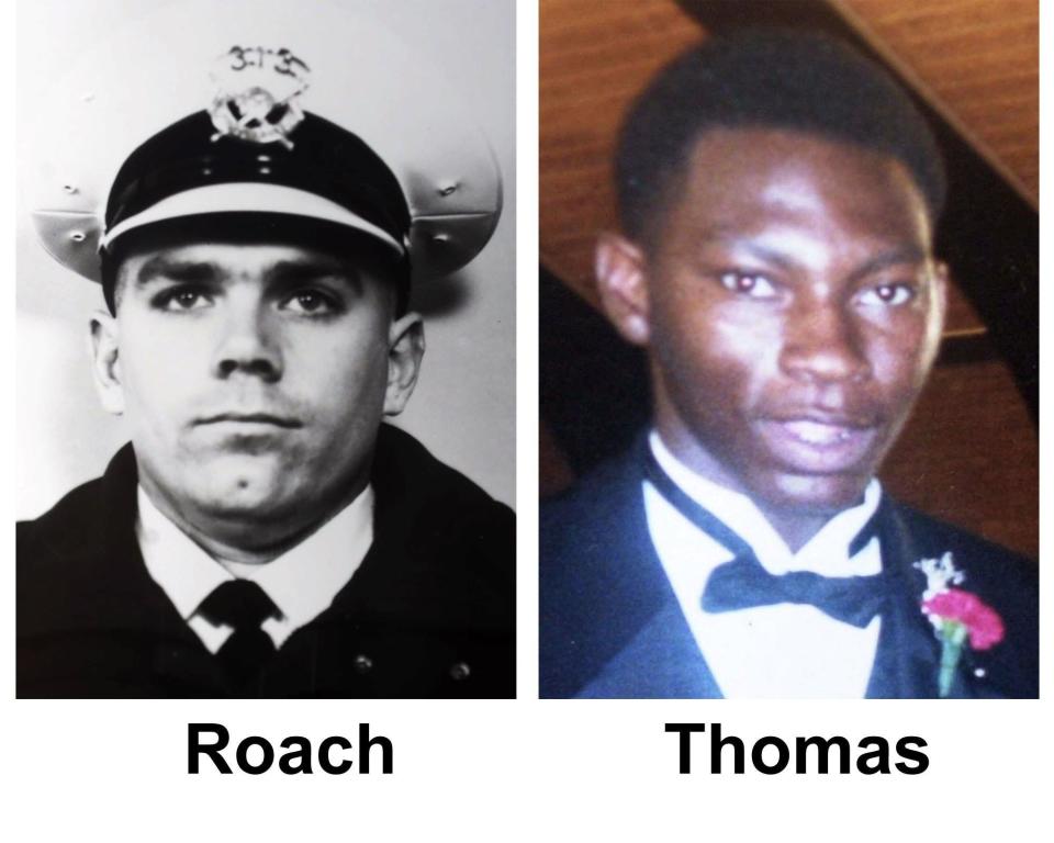 Cincinnati Police Officer Stephen Roach, shown in a 1997 file photo, was charged May 7, 2001, with negligent homicide and obstruction of official business in the shooting death of Timothy Thomas, shown in an undated family photo at right.  