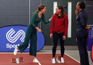 LONDON, ENGLAND - FEBRUARY 26: Catherine, Duchess of Cambridge (L) with heptathlete Jessica Ennis-Hill (C) during a SportsAid Stars event at the London Stadium in Stratford on February 26, 2020 in London, England. (Photo by Yui Mok - WPA Pool/Getty Images)