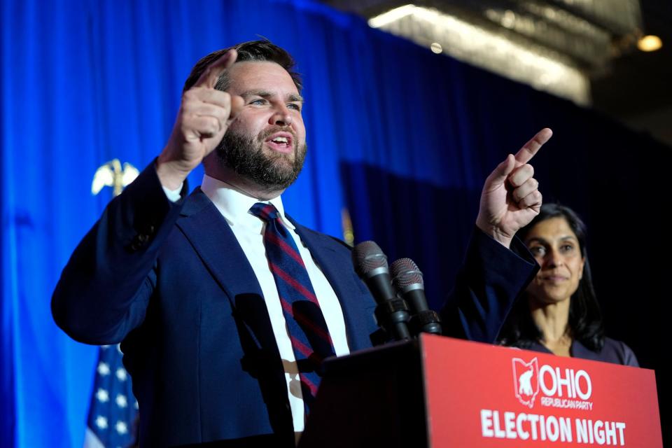 J.D. Vance gives his victory speech during an election night party for Republican candidates for statewide offices at the Renaissance Hotel in downtown Columbus.