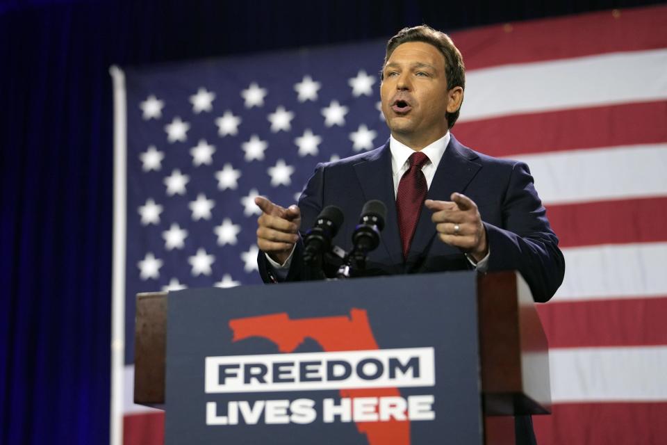 Incumbent Florida Republican Gov. Ron DeSantis speaks to supporters at an election night party after winning his race for reelection in Tampa, Fla., Tuesday, Nov. 8, 2022. (AP Photo/Rebecca Blackwell)