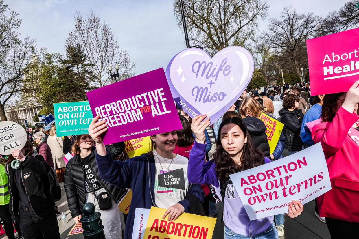 <span>Abortion rights supporters protest outside the supreme court during oral arguments in the abortion pill case, in Washington DC on 26 March 2024.</span><span>Photograph: Valerie Plesch/Bloomberg via Getty Images</span>