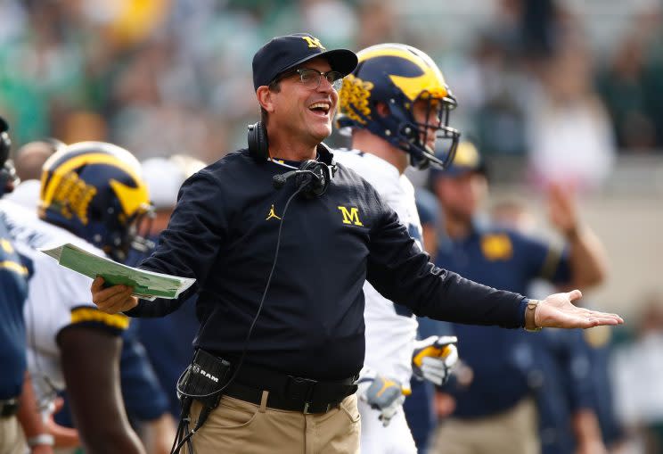 Jim Harbaugh has had his fun off the field. Will he win Big Ten titles on it at some point? (Getty)
