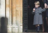 <p>Prince George at Church on Christmas Day in 2016 in Bucklebury, a rare Christmas without the Queen. He was given a candy cane at church. (Samir Hussein/Samir Hussein/WireImage)</p> 