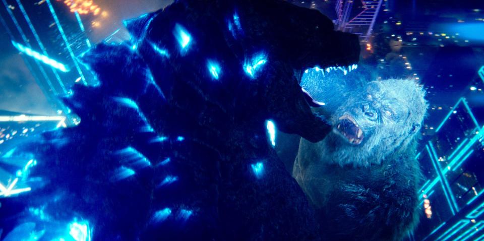 Godzilla and King Kong tussle amid the bright lights of Hong Kong in "Godzilla vs. Kong."