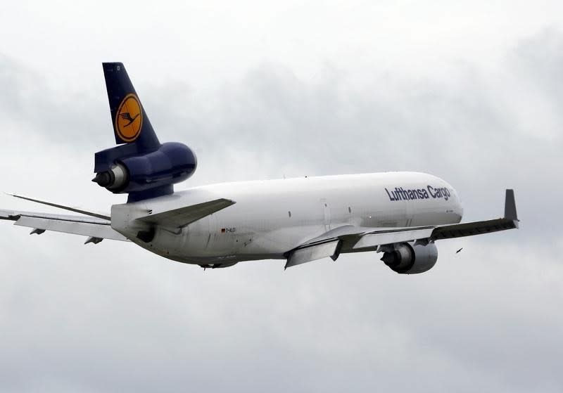 A bird is seen near the turbine of a McDonnell-Douglas MD-11 jet of Lufthansa Cargo AG flying above the tarmac of the Yemelyanovo International Airport, on its way to Frankfurt from Beijing and Seoul, outside the Siberian city of Krasnoyarsk August 15, 2015. REUTERS/Ilya Naymushin/File Photo