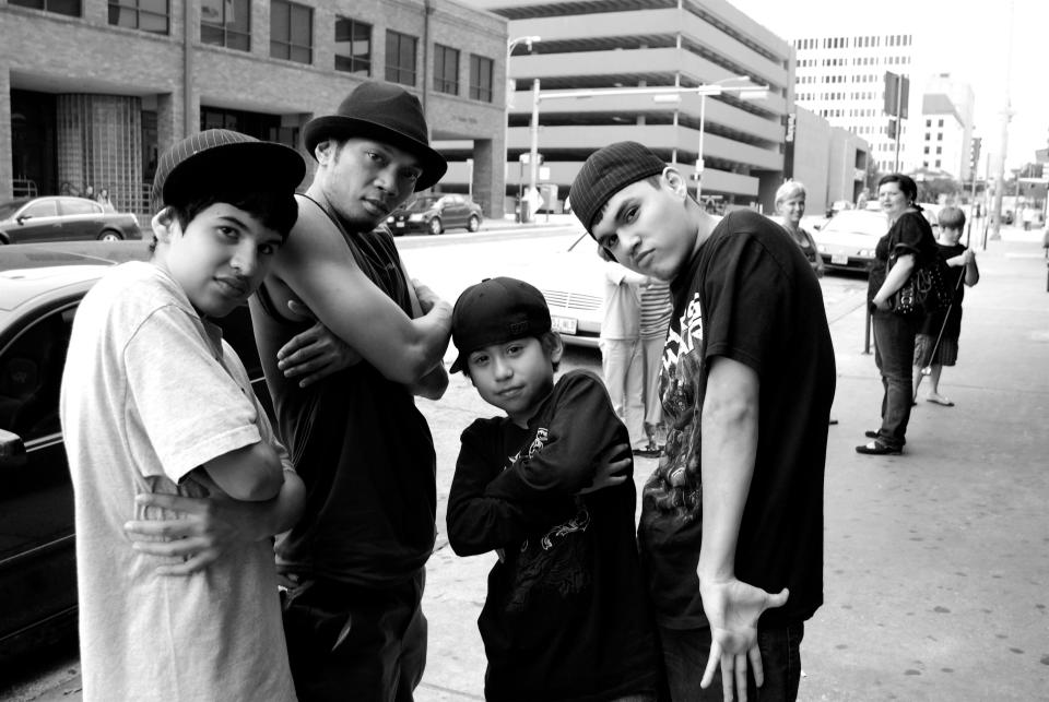 B-Boy City founder Romeo Navarro (second from left) with a group of young breakdancers in the early days of the breakdancing competition. Bavu Blakes considers the event, which draws breakdancers from across the state and around the world to Austin each year, pivotal to the development of Texas hip-hop.