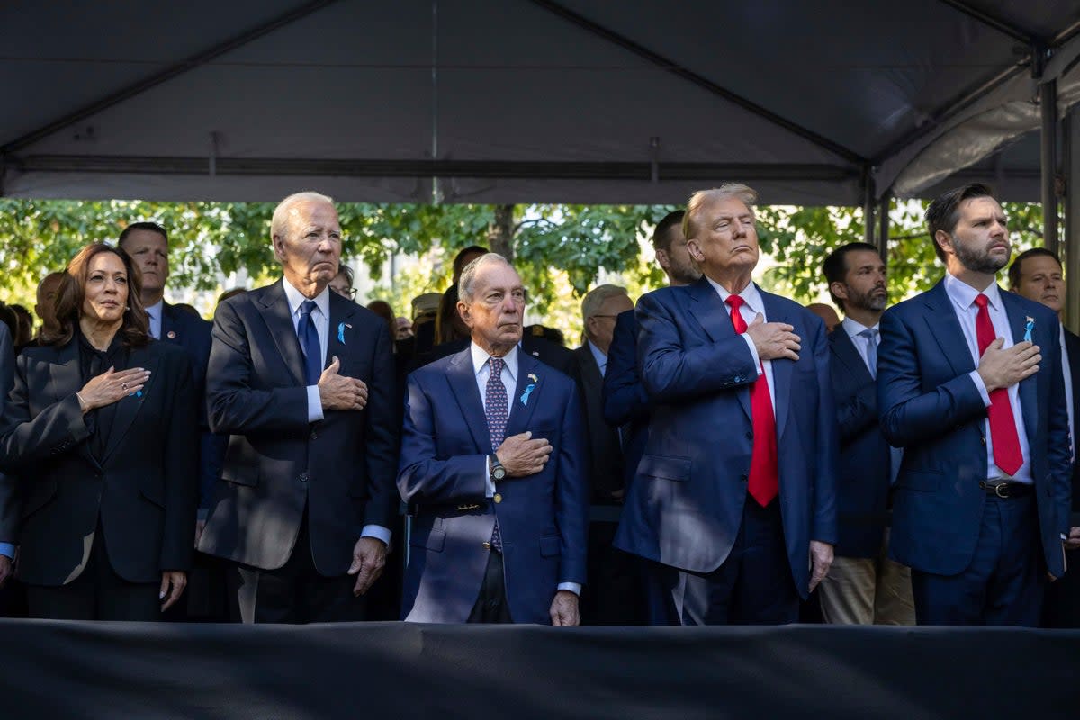 Vice President Kamala Harris, President Joe Biden, former New York Mayor Michael Bloomberg, former President Donald Trump and Senator JD Vance of Ohio at the September 11 commemorations 2024 (AP)