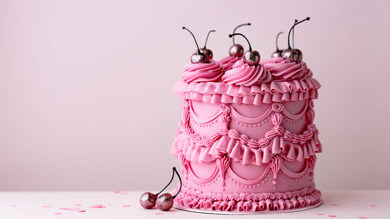pink vintage cake with cherries