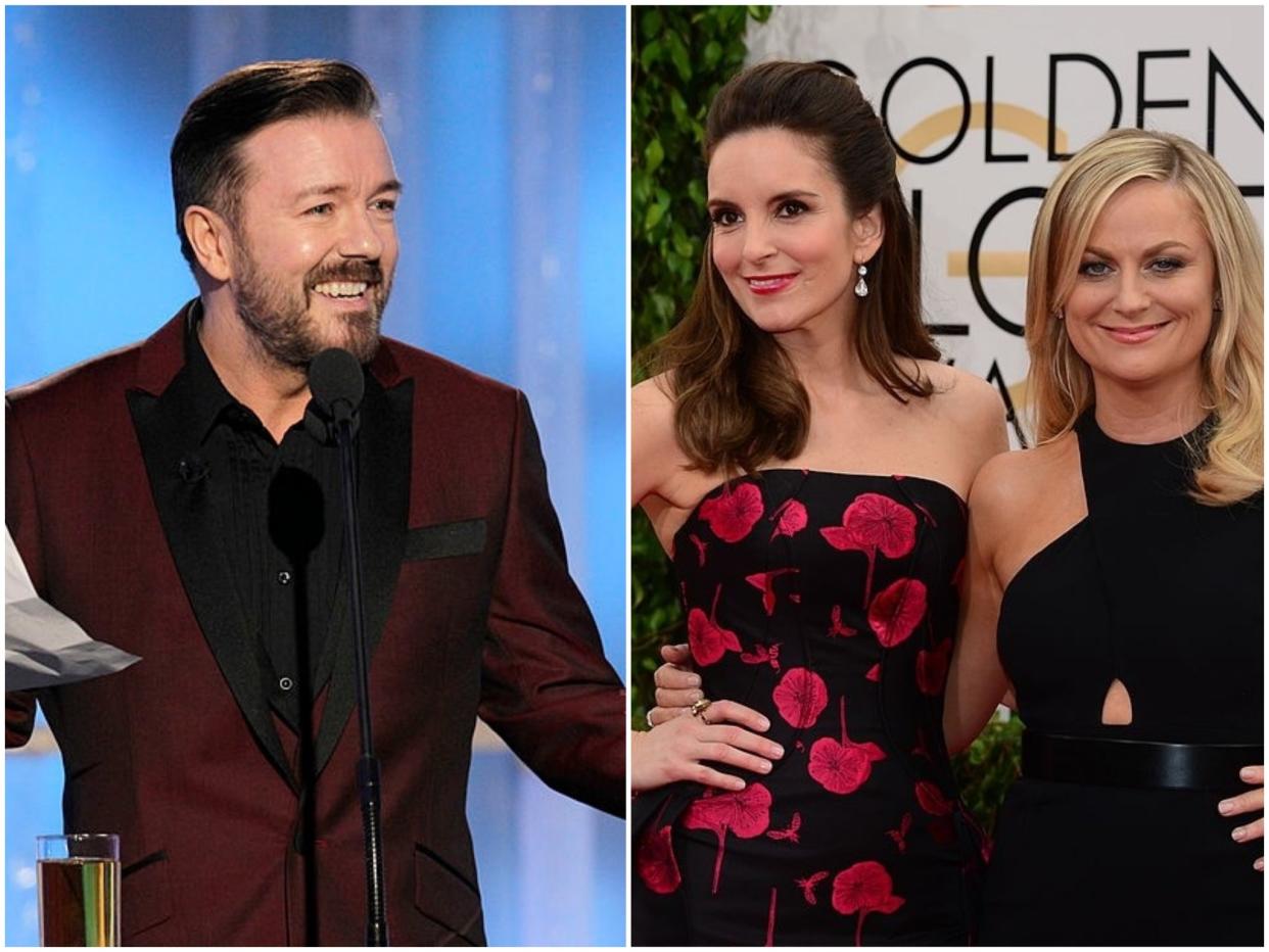 Ricky Gervais hosts the 2012 Golden Globes, and Tina Fey and Amy Poehler on the Globes red carpet in 2014 (Paul Drinkwater/NBC/Frederic J Brown/Getty Images)