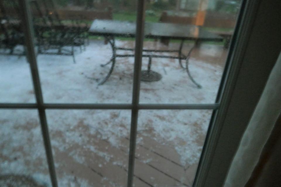 Hail the size of mothballs or larger covered a back deck in Lower Makefield Saturday evening.  The hail sounded like stones as it hit roofs and windows before quickly melting.