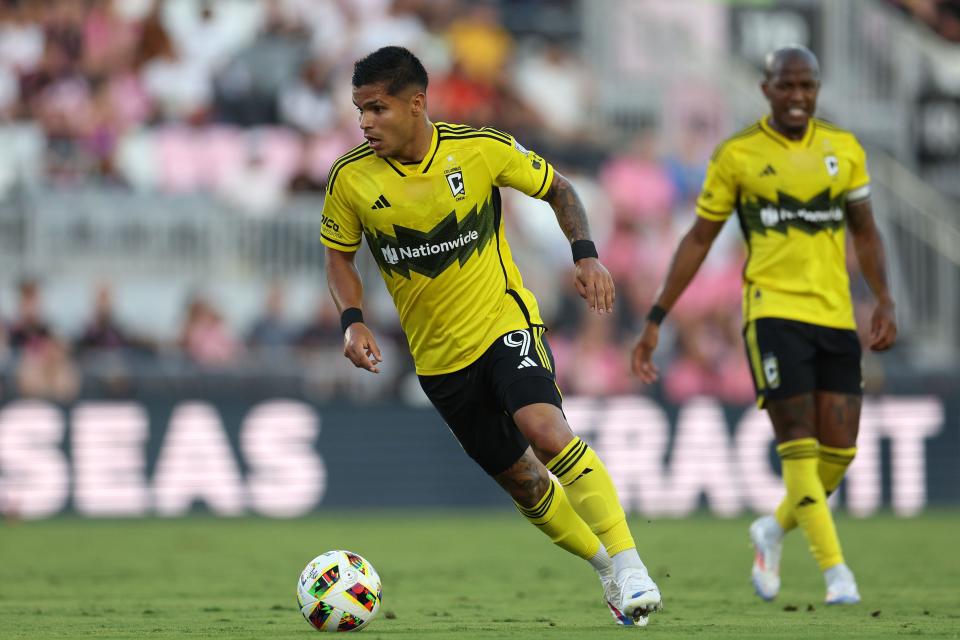 Jun 19, 2024; Fort Lauderdale, Florida, USA; Columbus Crew forward Cucho Hernandez (9) kicks the ball against Inter Miami CF during the first half at Chase Stadium. Mandatory Credit: Nathan Ray Seebeck-USA TODAY Sports