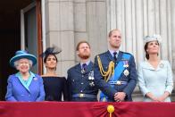 <p>Queen Elizabeth, Meghan, Duchess of Sussex, Prince Harry, Duke of Sussex, Prince William, Duke of Cambridge and Catherine, Duchess of Cambridge all watched a flyby in honor of the Royal Air Force's 100th anniversary. </p>