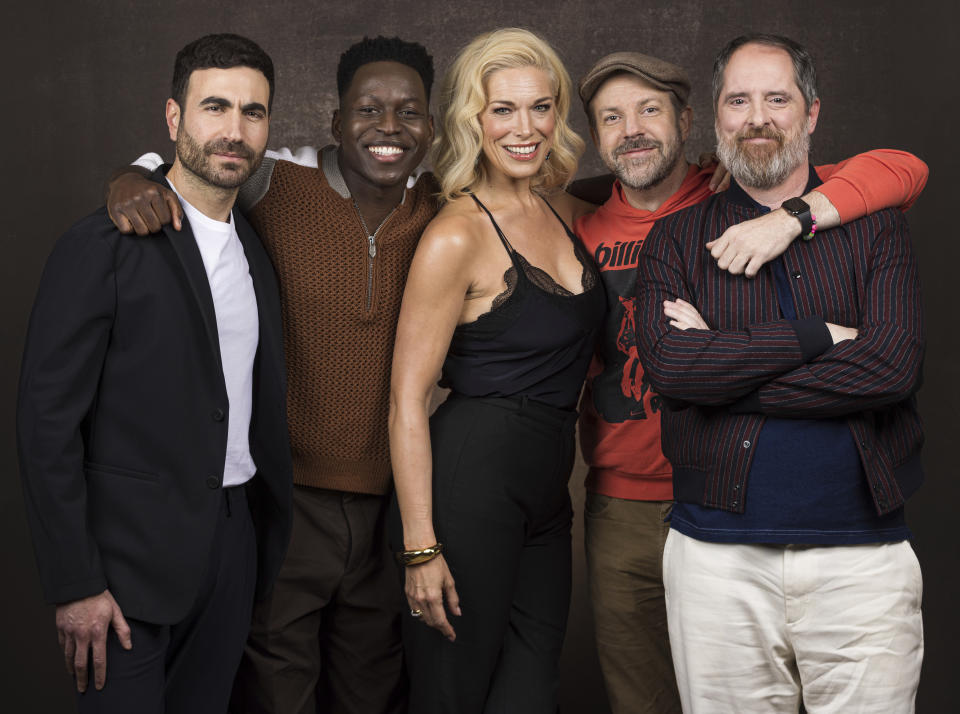 Brett Goldstein, from left, Toheeb Jimoh, Hannah Waddingham, Jason Sudeikis and Brendan Hunt, all members of the cast of "Ted Lasso," pose for a portrait at the Four Seasons Hotel in Los Angeles on on Monday, March 6, 2023. (Photo by Willy Sanjuan/Invision/AP)