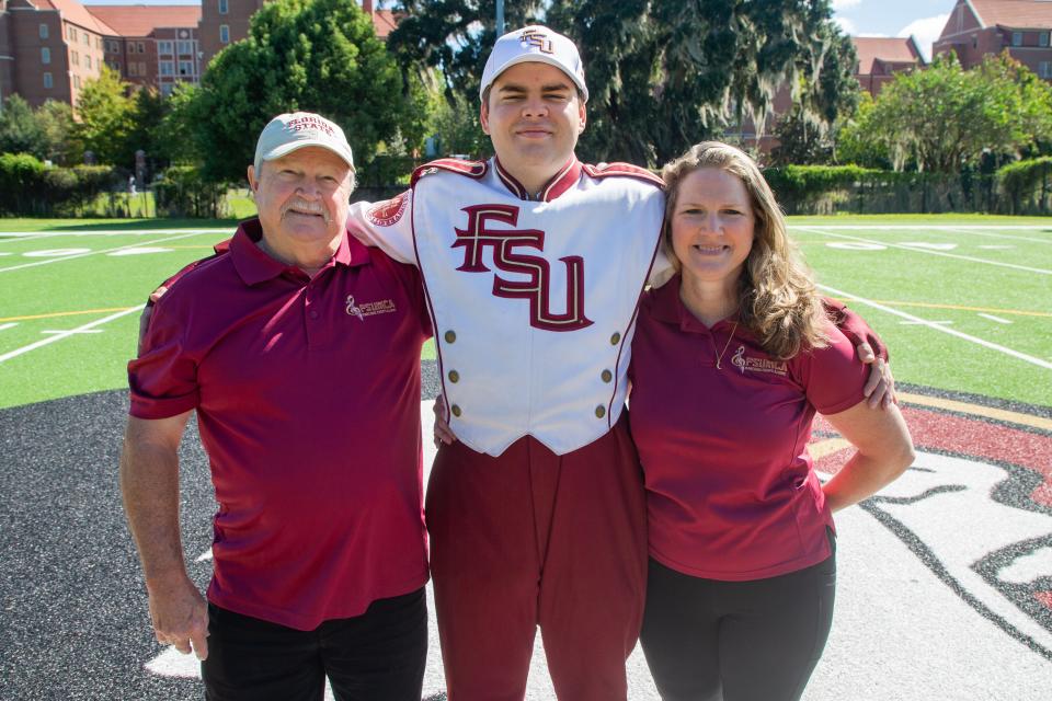 Three generations of Marching Chiefs Lewis Christie, left, his grandson, Aidan Wester, center, and daughter, Carla Christie-Wester, will perform together at the Florida State University homecoming game on Saturday, Oct. 21, 2023.