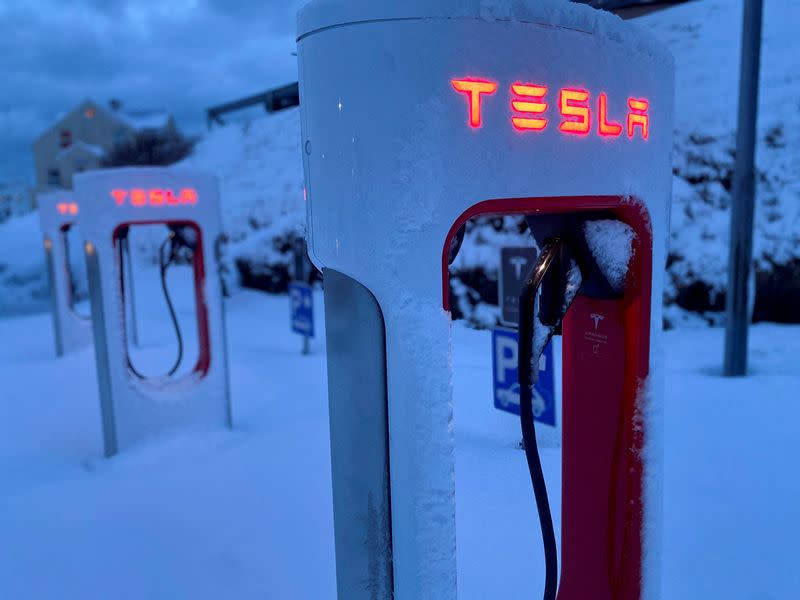 FILE PHOTO: Tesla electric vehicle chargers are seen during the winter in Hofn