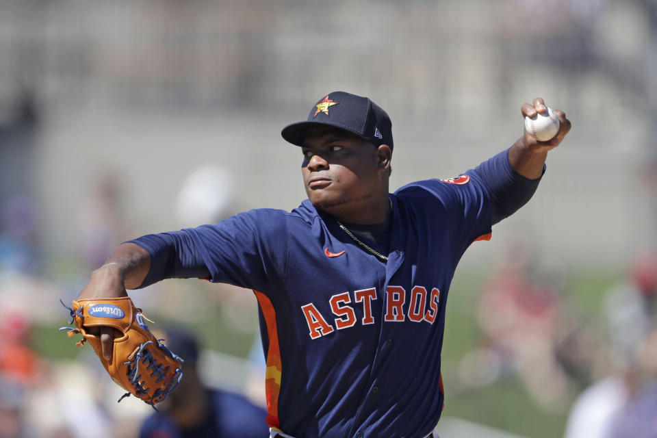 Houston Astros starting pitcher Framber Valdez (59) works in the first inning of a spring training baseball game against the Washington Nationals Sunday, Feb. 23, 2020, in West Palm Beach, Fla. (AP Photo/John Bazemore)