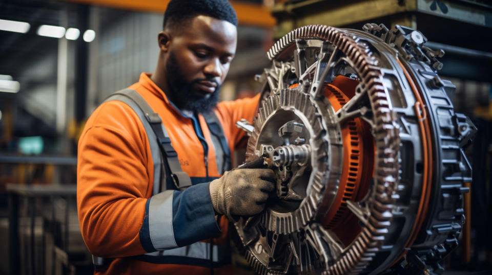 A factory worker in a safety vest tightening a V-belt on a power transmission assembly.