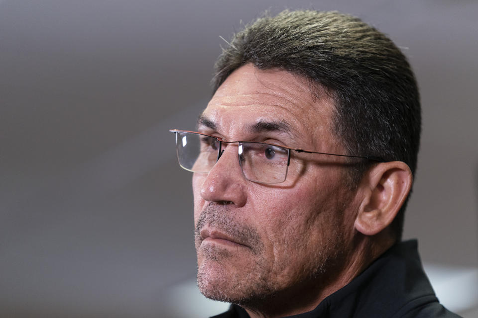 Washington Commanders head coach Ron Rivera listens to a question during a media availability at the team's NFL football training facility, Tuesday, July 26, 2022 in Ashburn, Va. (AP Photo/Alex Brandon)