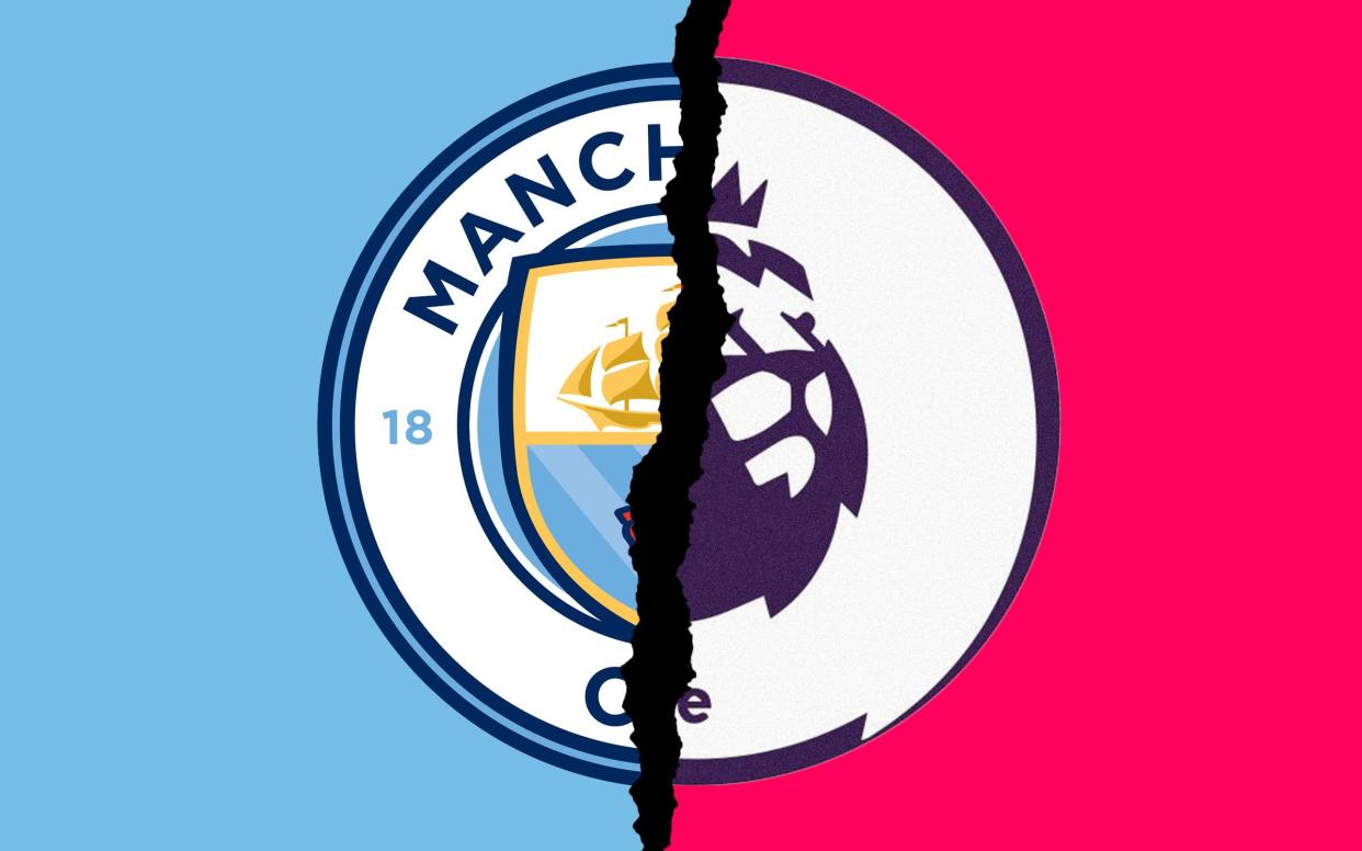 Designed image showing Man City badge and Premier League badge side by side, with rip between them