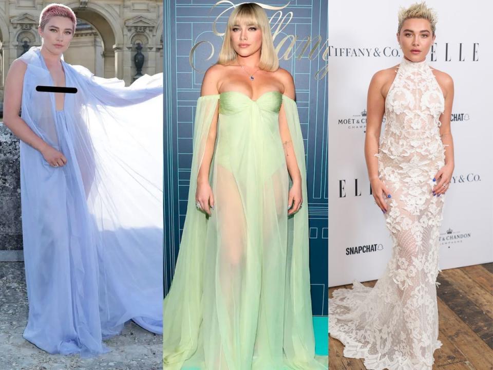 Three photos of Florence Pugh in sheer dresses.