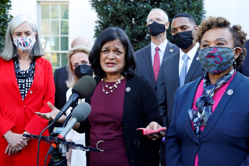 U.S. Rep. Jayapal leads a group of Democratic members of Congress after meeting with Biden on infrastructure at the White House