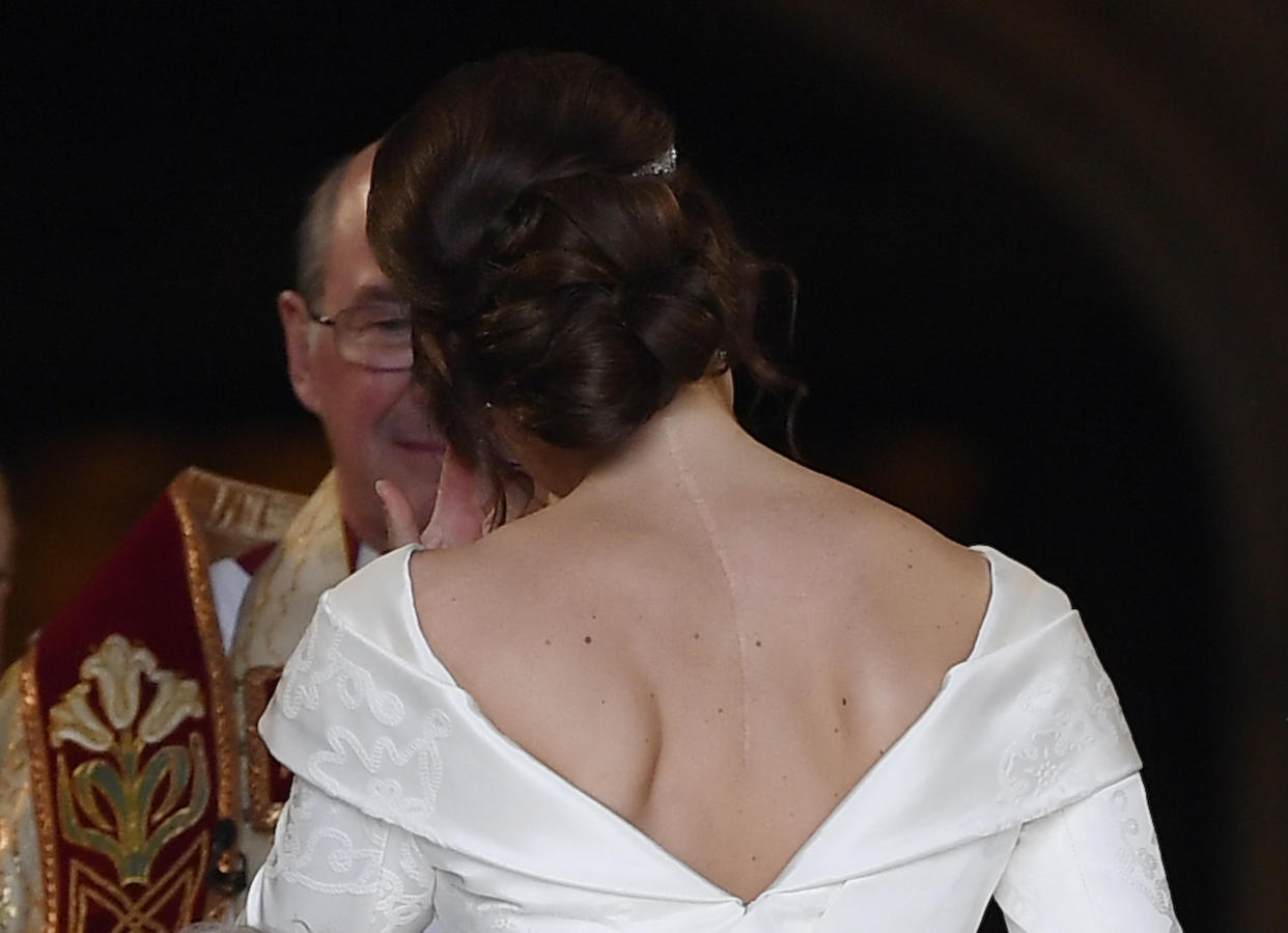 Princess Eugenie’s Peter Pilotto wedding dress was cut to show her scars. (Photo: Toby Melville/AFP/Getty Images)