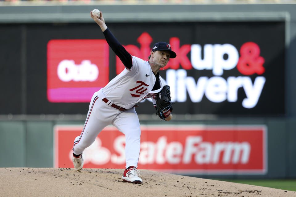 Minnesota Twins starting pitcher Sonny Gray throws during the first inning of Game 3 of an American League Division Series baseball game against the Houston Astros, Tuesday, Oct. 10, 2023, in Minneapolis. (AP Photo/Jordan Johnson)