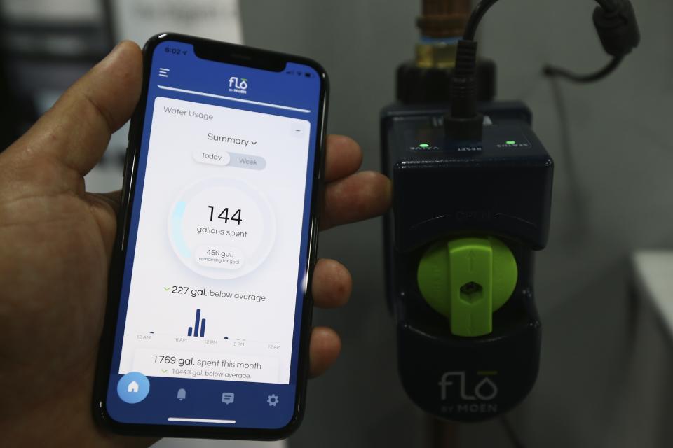 The Moen Flo water usage meter with latest app is shown here at the CES Unveiled media preview event, Sunday, Jan. 5, 2020, in Las Vegas. (AP Photo/Ross D. Franklin)