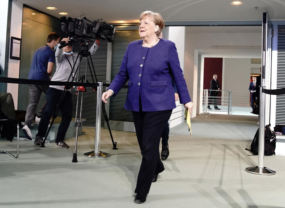 German Chancellor Angela Merkel arrives to address a press conference at the Chancellery in Berlin on April 30, 2020 after holding a telephone conference with the leaders of the Federal states on the restrictions during the novel coronavirus COVID-19 pandemic. (Photo by Kay Nietfeld / POOL / AFP) (Photo by KAY NIETFELD/POOL/AFP via Getty Images)