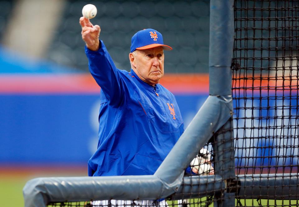 Phil Regan, then the assistant minor league pitching coordinator for the New York Mets, throws batting practice before a game in 2019.